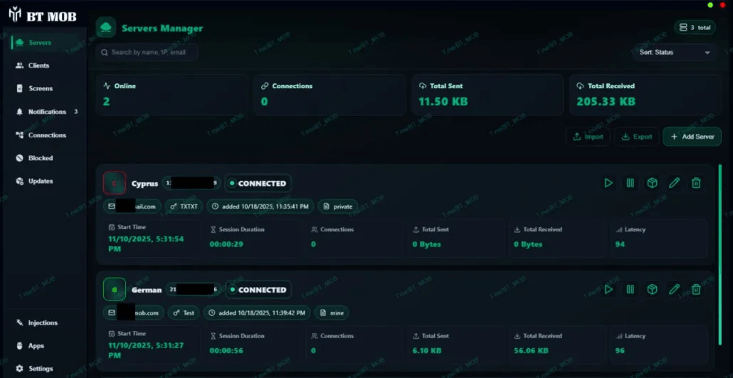 BTMBO Android Phone Control Software Interface - Remote Administration Tool Dashboard